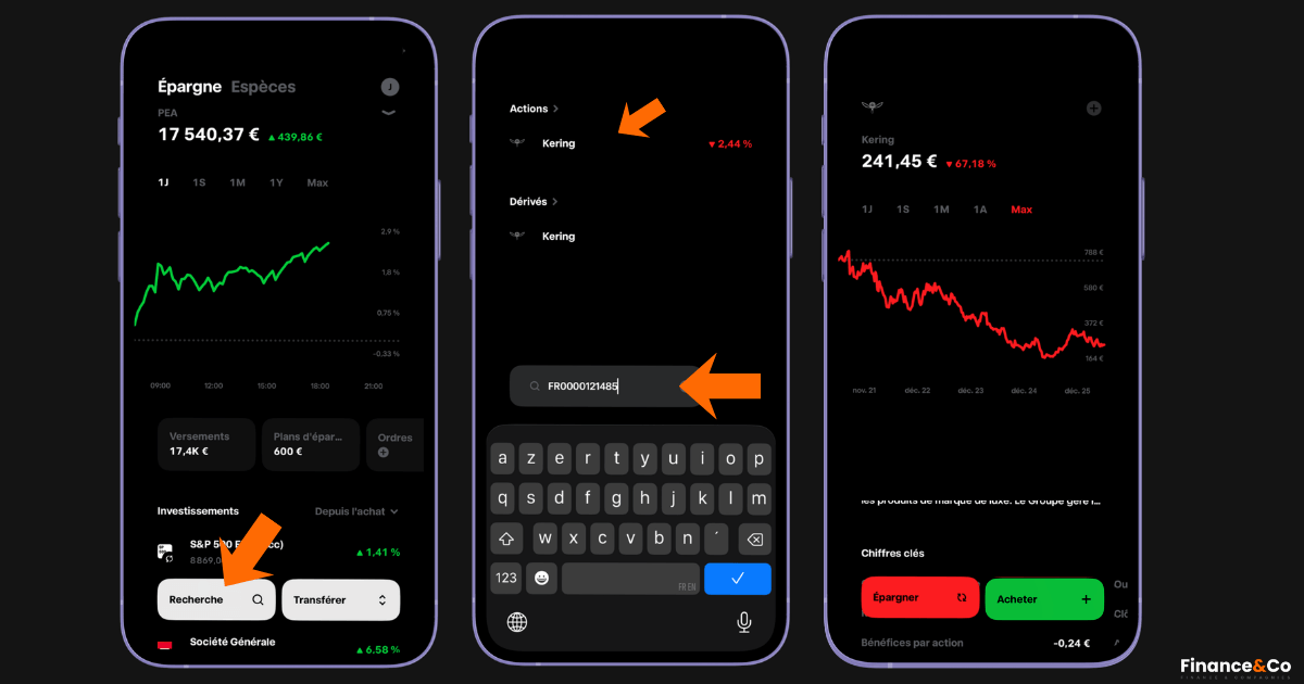 Recherchez l'ISIN FR0000121485 sur Trade Republic pour trouver l'action Kering