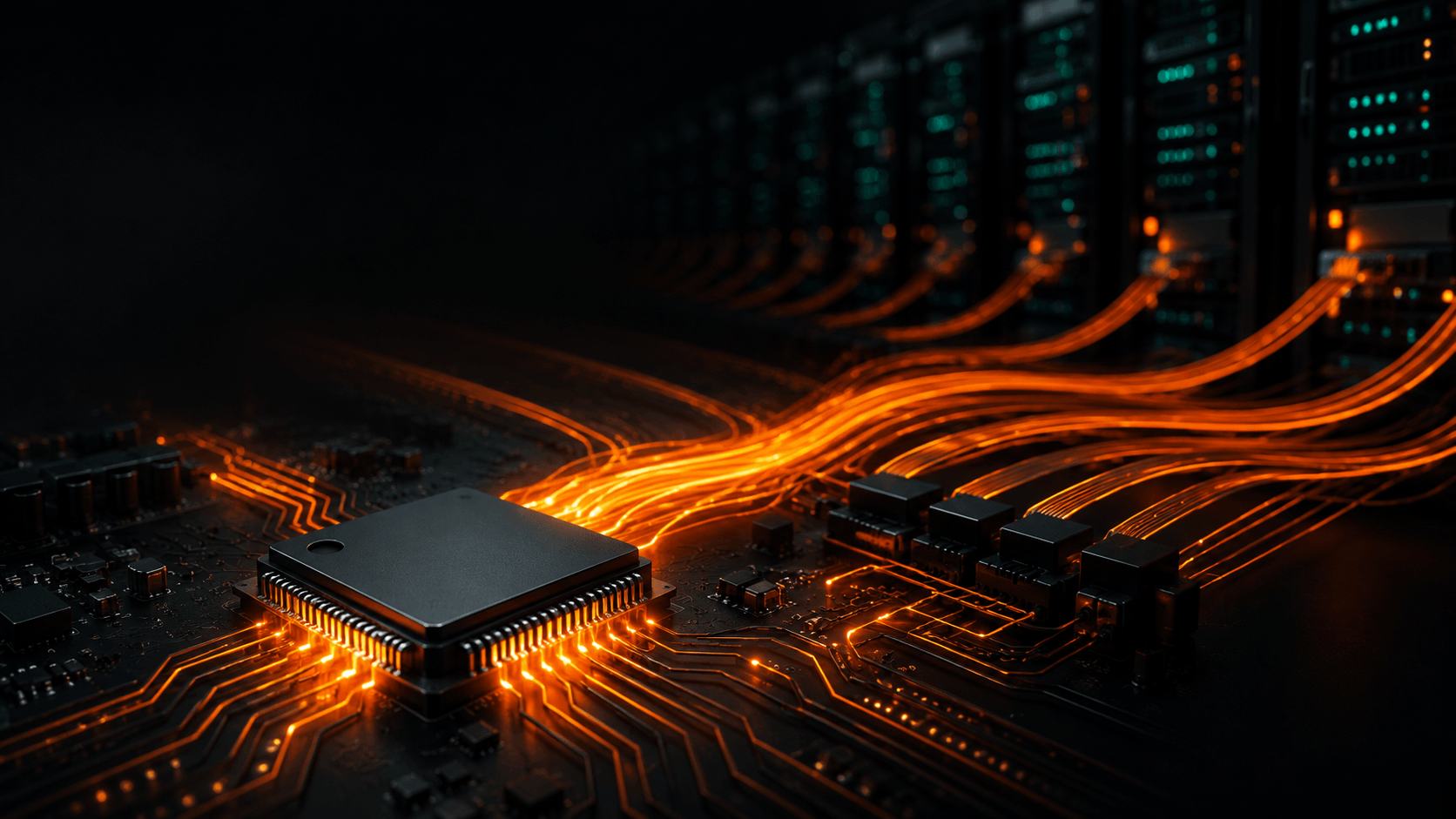 Puce de gestion de puissance STMicroelectronics alimentant les serveurs d'un data center dédié à l'intelligence artificielle