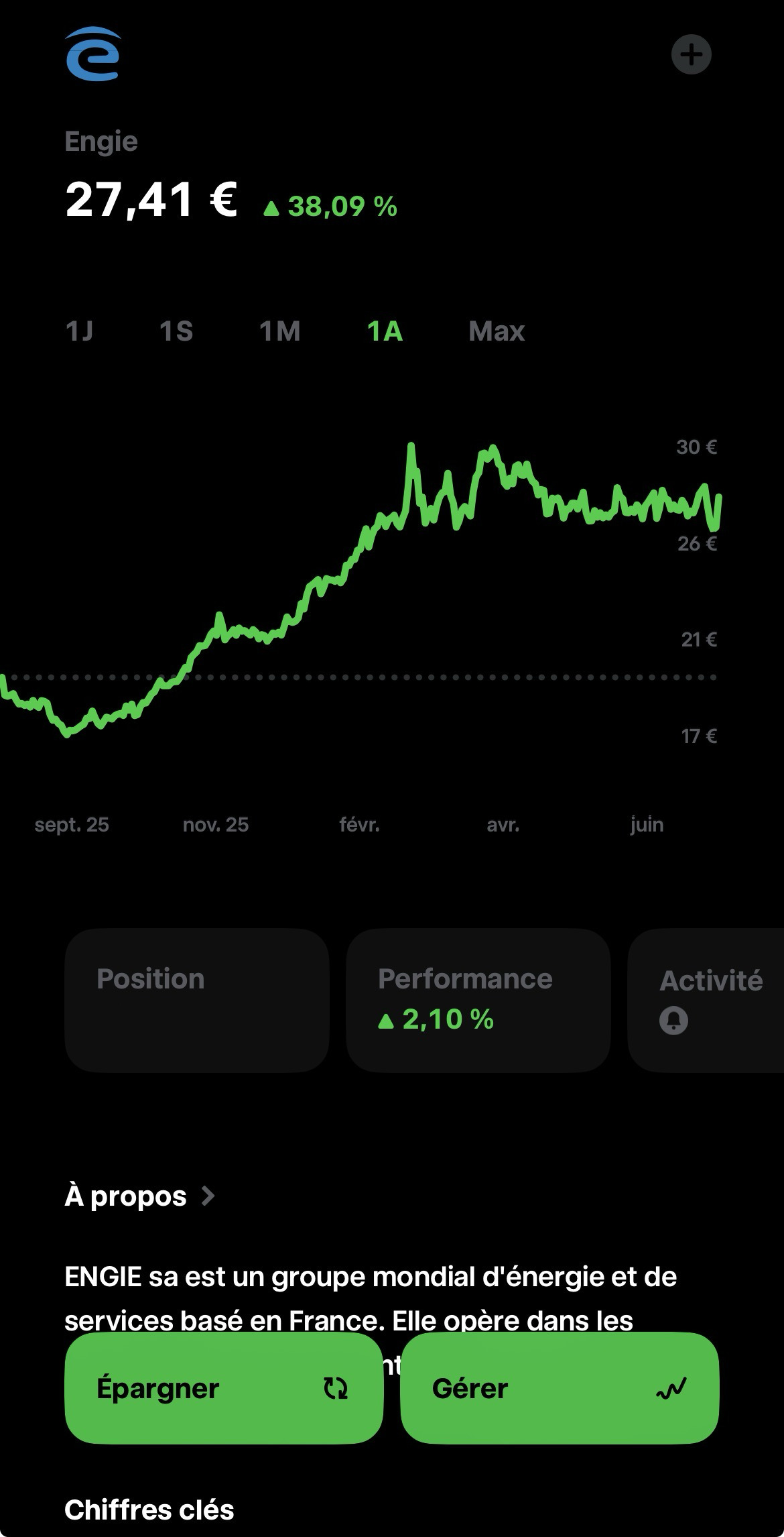 Ma position réelle sur l'action Engie dans mon PEA Trade Republic, en gain de 2,10 % au 31 juillet 2026